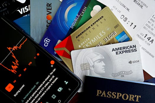 Flat lay of credit cards, passport, and a phone showing stock data, depicting finance and travel.